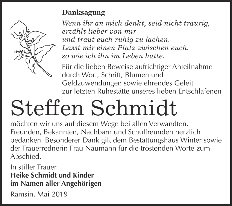  Traueranzeige für Steffen Schmidt vom 20.05.2019 aus WVG - Wochenspiegel Bitterfeld