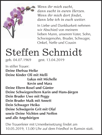 Traueranzeige von Steffen Schmidt von WVG - Wochenspiegel Bitterfeld
