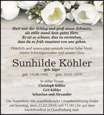 Traueranzeige von Sunhilde Köhler von Mitteldeutsche Zeitung Quedlinburg