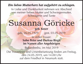 Traueranzeige von Susanna Göricke von Mitteldeutsche Zeitung