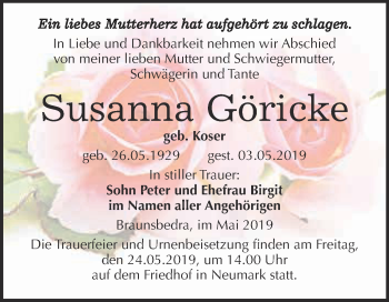 Traueranzeige von Susanna Göricke von WVG - Wochenspiegel Merseburg