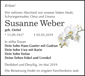 Traueranzeige von Susanne Weber von WVG - Wochenspiegel NMB / WSF / ZTZ