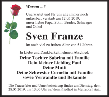 Traueranzeige von Sven Franze von Mitteldeutsche Zeitung