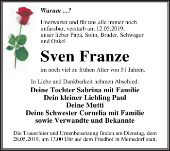 Traueranzeige von Sven Franze von WVG - Wochenspiegel Dessau / Köthen