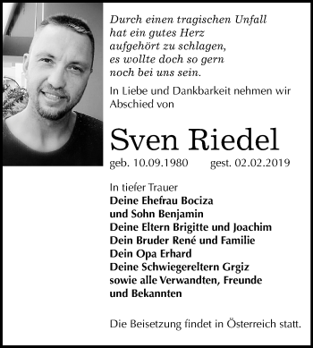 Traueranzeige von Sven Riedel von Mitteldeutsche Zeitung Bitterfeld