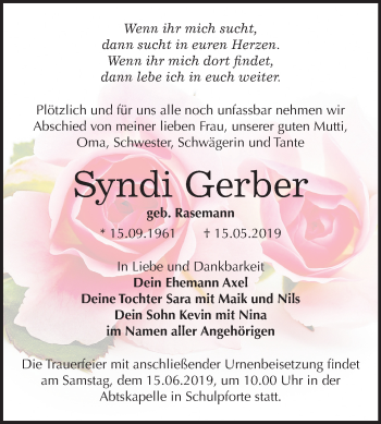 Traueranzeige von Syndi Gerber von Mitteldeutsche Zeitung