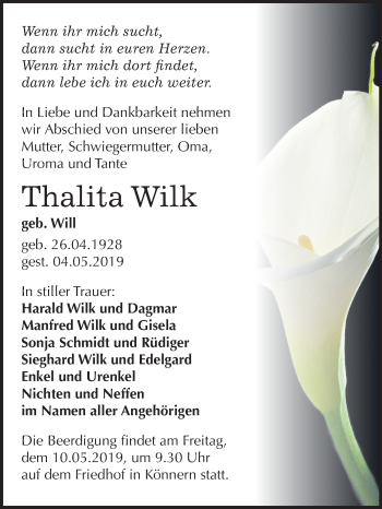Traueranzeige von Thalita Wilk von Mitteldeutsche Zeitung Bernburg