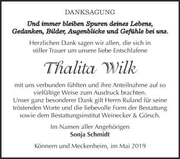 Traueranzeige von Thalita Wilk von Super Sonntag Bernburg