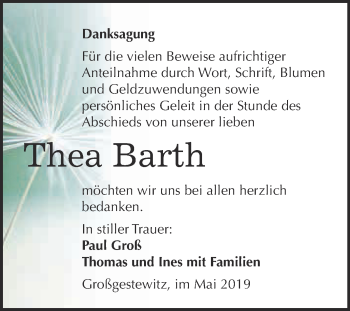 Traueranzeige von Thea Barth von WVG - Wochenspiegel NMB / WSF / ZTZ