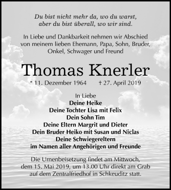 Traueranzeige von Thomas Knerler von Mitteldeutsche Zeitung Merseburg/Querfurt