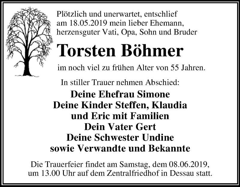  Traueranzeige für Torsten Böhmer vom 25.05.2019 aus WVG - Wochenspiegel Dessau / Köthen