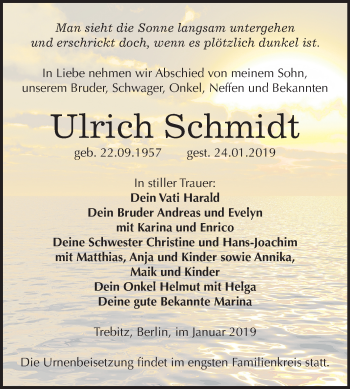 Traueranzeige von Ulrich Schmidt von Mitteldeutsche Zeitung Wittenberg