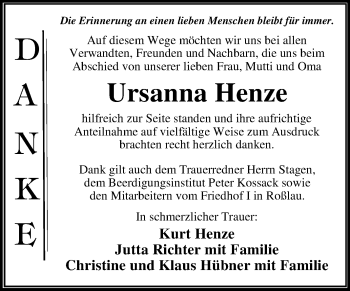 Traueranzeige von Ursanna Henze von Mitteldeutsche Zeitung Dessau-Roßlau