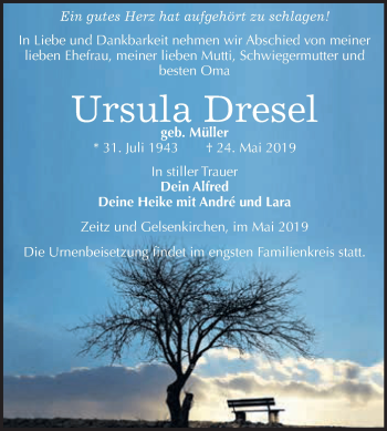 Traueranzeige von Ursula Dresel von WVG - Wochenspiegel NMB / WSF / ZTZ