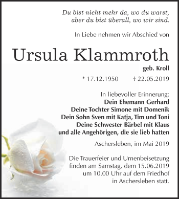Traueranzeige von Ursula Klammroth von Super Sonntag Aschersleben