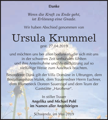 Traueranzeige von Ursula Krummel von Super Sonntag SGH Mansf. Land