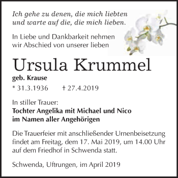 Traueranzeige von Ursula Krummel von Super Sonntag SGH Mansf. Land
