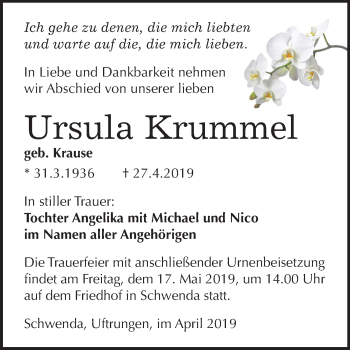 Traueranzeige von Ursula Krummel von Mitteldeutsche Zeitung