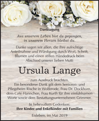 Traueranzeige von Ursula Lange von Super Sonntag SGH Mansf. Land