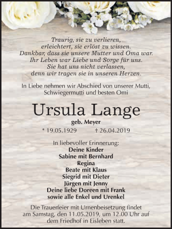 Traueranzeige von Ursula Lange von Super Sonntag SGH Mansf. Land