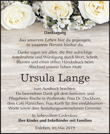 Traueranzeige von Ursula Lange von Mitteldeutsche Zeitung
