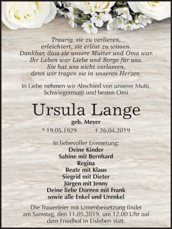 Traueranzeige von Ursula Lange von Mitteldeutsche Zeitung