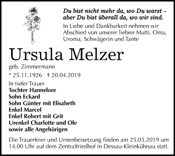 Traueranzeige von Ursula Melzer von Mitteldeutsche Zeitung Dessau-Roßlau