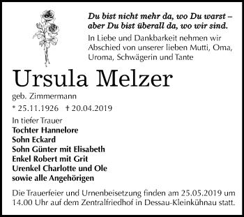 Traueranzeige von Ursula Melzer von Mitteldeutsche Zeitung Dessau-Roßlau