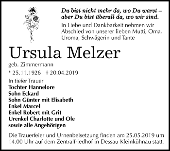 Traueranzeige von Ursula Melzer von WVG - Wochenspiegel Dessau / Köthen