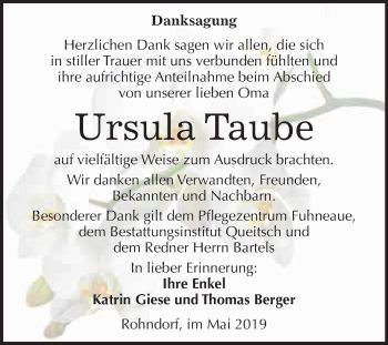Traueranzeige von Ursula Taube von WVG - Wochenspiegel Dessau / Köthen
