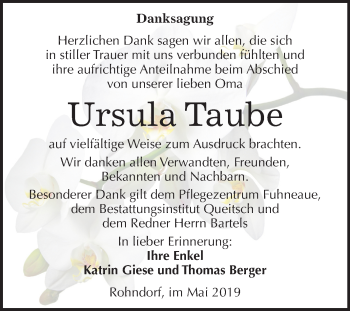 Traueranzeige von Ursula Taube von Mitteldeutsche Zeitung Köthen