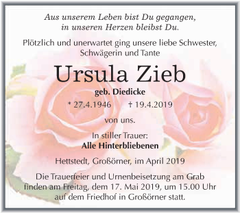 Traueranzeige von Ursula Zieb von Super Sonntag SGH Mansf. Land
