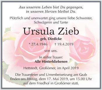 Traueranzeige von Ursula Zieb von Mitteldeutsche Zeitung Mansfelder Land