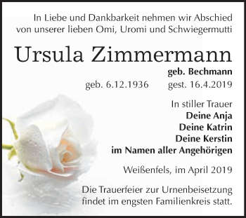 Traueranzeige von Ursula Zimmermann von WVG - Wochenspiegel NMB / WSF / ZTZ