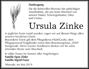 Traueranzeige von Ursula Zinke von Mitteldeutsche Zeitung Mansfelder Land