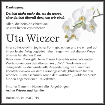 Traueranzeige von Uta Wiezer von WVG - Wochenspiegel Quedlinburg