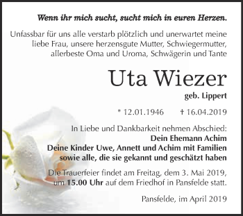 Traueranzeige von Uta Wiezer von Wochenspiegel Mansfelder Land