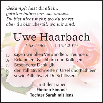 Traueranzeige von Uwe Haarbach von Mitteldeutsche Zeitung Bitterfeld