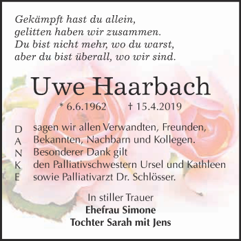 Traueranzeige von Uwe Haarbach von WVG - Wochenspiegel Bitterfeld