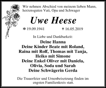 Traueranzeige von Uwe Heese von Mitteldeutsche Zeitung