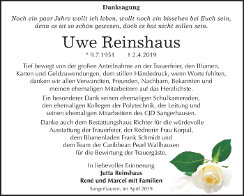 Traueranzeige von Uwe Reinshaus von Mitteldeutsche Zeitung