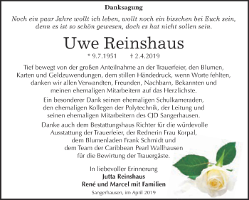 Traueranzeige von Uwe Reinshaus von Super Sonntag SGH Mansf. Land