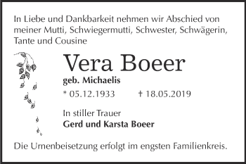 Traueranzeige von Vera Boeer von Super Sonntag Bernburg