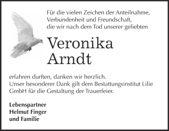 Traueranzeige von Veronika Arndt von WVG - Wochenspiegel Dessau / Köthen