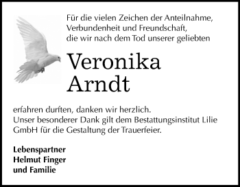 Traueranzeige von Veronika Arndt von Mitteldeutsche Zeitung Dessau-Roßlau