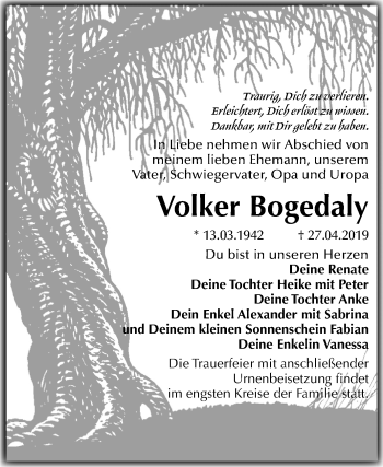 Traueranzeige von Volker Bogedaly von Mitteldeutsche Zeitung