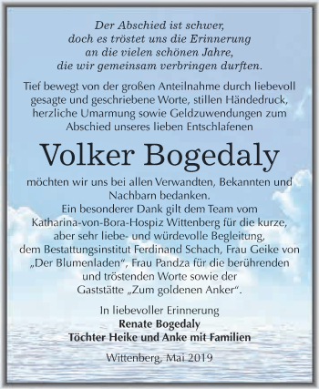 Traueranzeige von Volker Bogedaly von WVG - Wochenspiegel Wittenberg