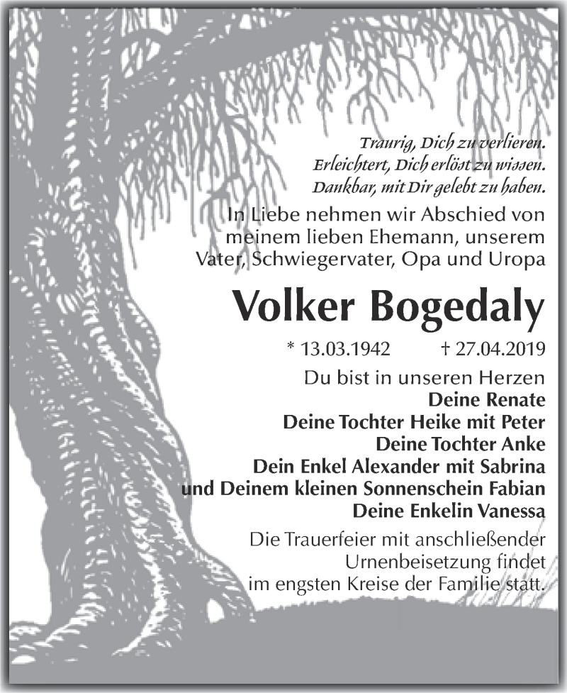  Traueranzeige für Volker Bogedaly vom 29.04.2019 aus WVG - Wochenspiegel Wittenberg