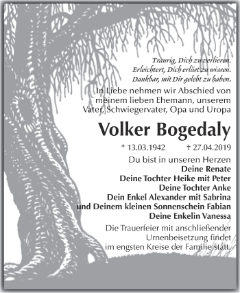 Traueranzeige von Volker Bogedaly von WVG - Wochenspiegel Wittenberg