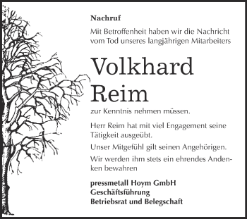 Traueranzeige von Volkhard Reim von Super Sonntag Aschersleben
